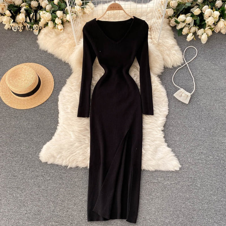 Kvinnors Ribbad Stickad Bodycon Maxi Klänning – Långärmad V-ringad Stil för Höst och Vinter