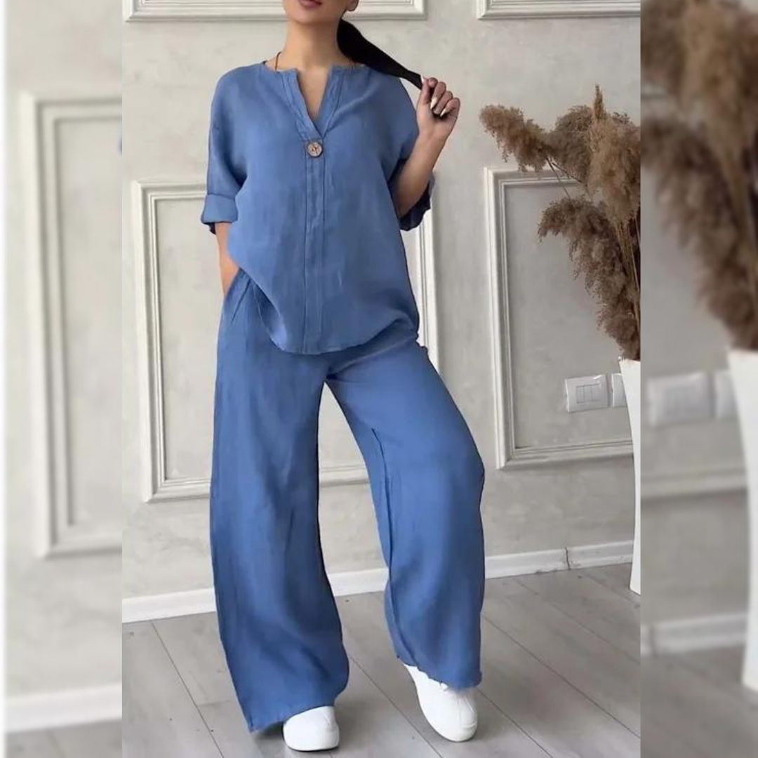 Kvinnors Avslappnad Tvådelad Byxdress – Enknappskavaj och Vida Byxor för Vår och Sommar