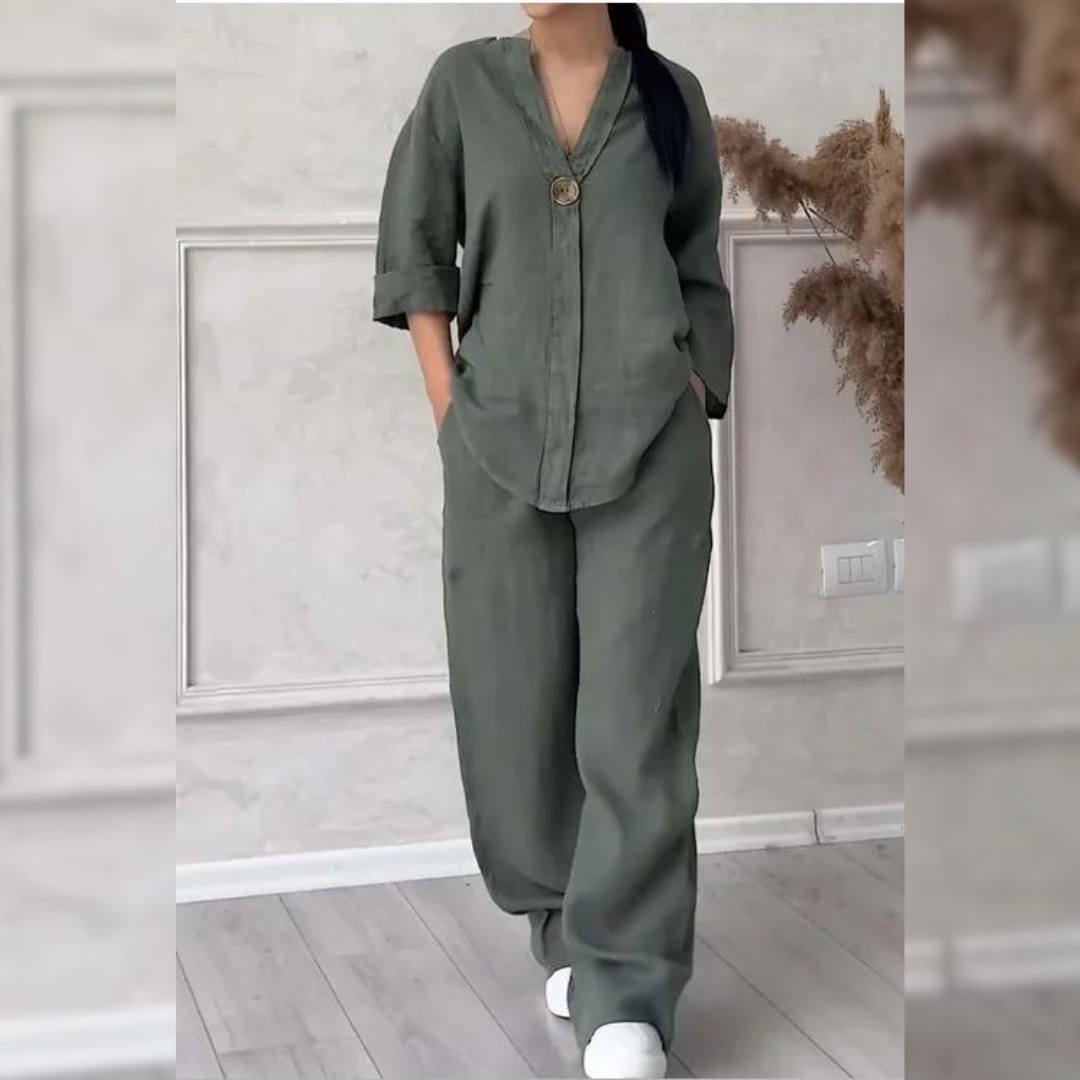 Kvinnors Avslappnad Tvådelad Byxdress – Enknappskavaj och Vida Byxor för Vår och Sommar