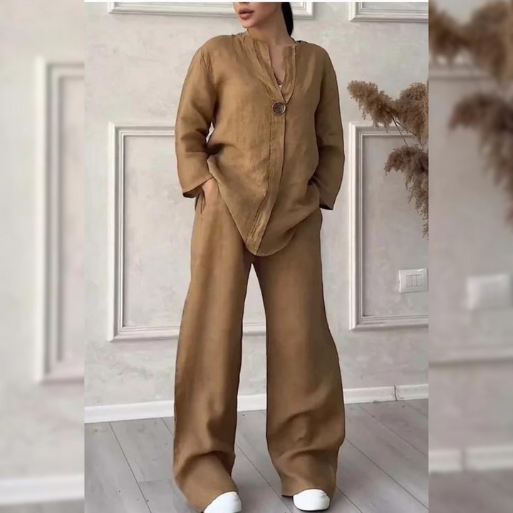 Kvinnors Avslappnad Tvådelad Byxdress – Enknappskavaj och Vida Byxor för Vår och Sommar