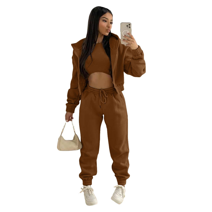 Kvinnors Tre-delade Träningsset – Crop Top, Huva Jacka och Joggers för Höst och Vinter