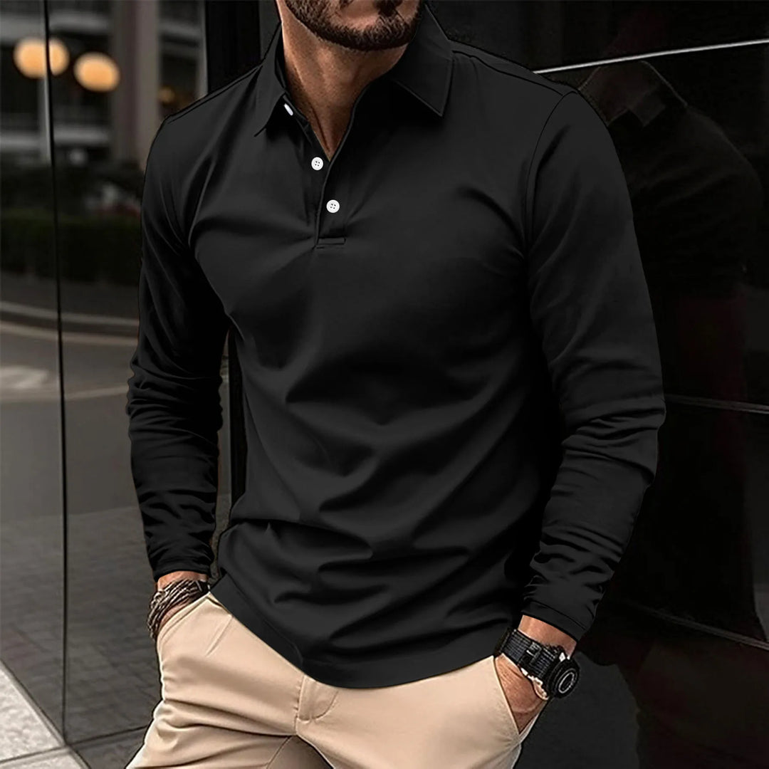 Herr Slim-Fit Långärmad Polo Tröja – Mjuk Smart Casual Topp för Kontor och Kvällsbruk