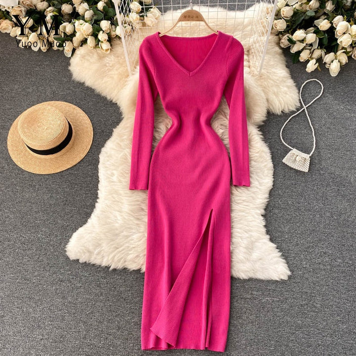 Kvinnors Ribbad Stickad Bodycon Maxi Klänning – Långärmad V-ringad Stil för Höst och Vinter