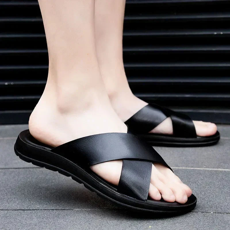 Herrskinn Slip-On Sandaler Italiensk Stil Premium Bekväm Sommar Avslappnad Utomhussko