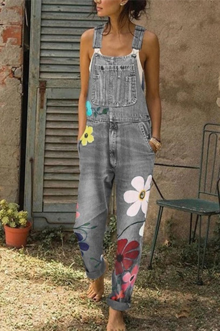 Kvinnors Tryckta Denim Overaller – Justerbara Löst Passande Dungarees med Fickor för Trädgård och Studio Dagar