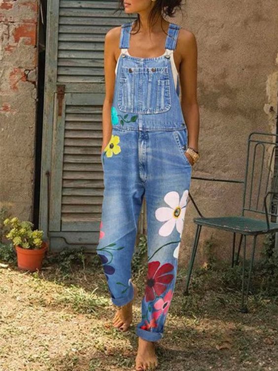 Kvinnors Tryckta Denim Overaller – Justerbara Löst Passande Dungarees med Fickor för Trädgård och Studio Dagar