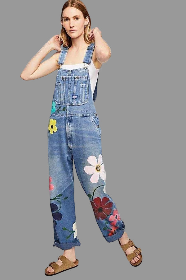 Kvinnors Tryckta Denim Overaller – Justerbara Löst Passande Dungarees med Fickor för Trädgård och Studio Dagar