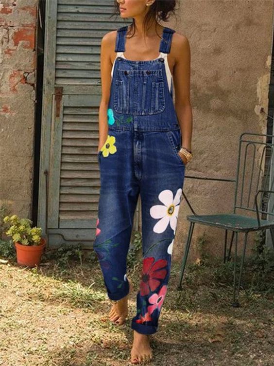 Kvinnors Tryckta Denim Overaller – Justerbara Löst Passande Dungarees med Fickor för Trädgård och Studio Dagar