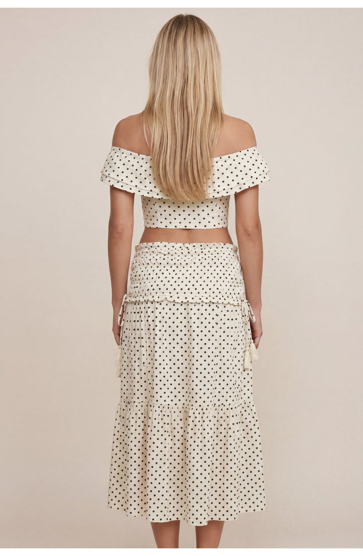 Kvinnors Prickig Off Shoulder Crop Top Midi Kjol Set