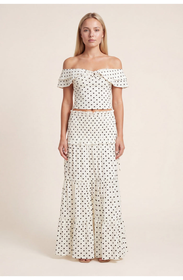 Kvinnors Prickig Off Shoulder Crop Top Midi Kjol Set