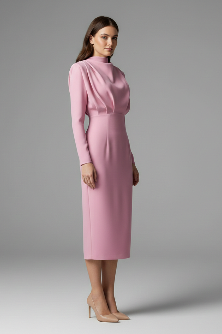 Kvinnors långärmad mock neck midi klänning med elegant skräddarsydd silhuett