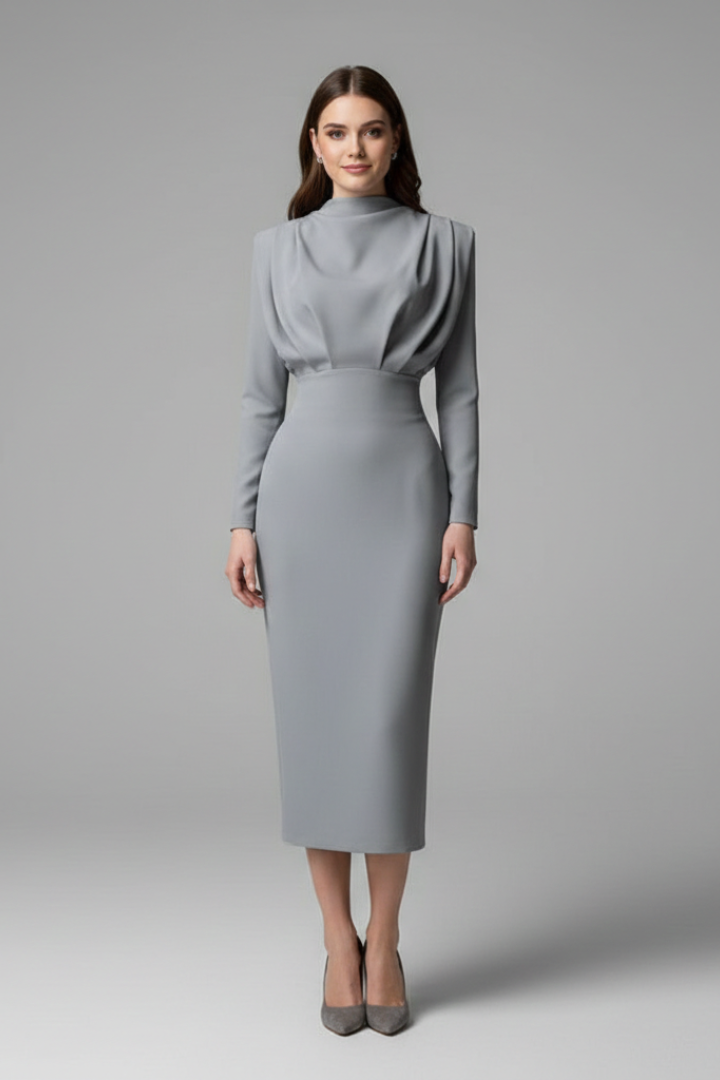 Kvinnors långärmad mock neck midi klänning med elegant skräddarsydd silhuett