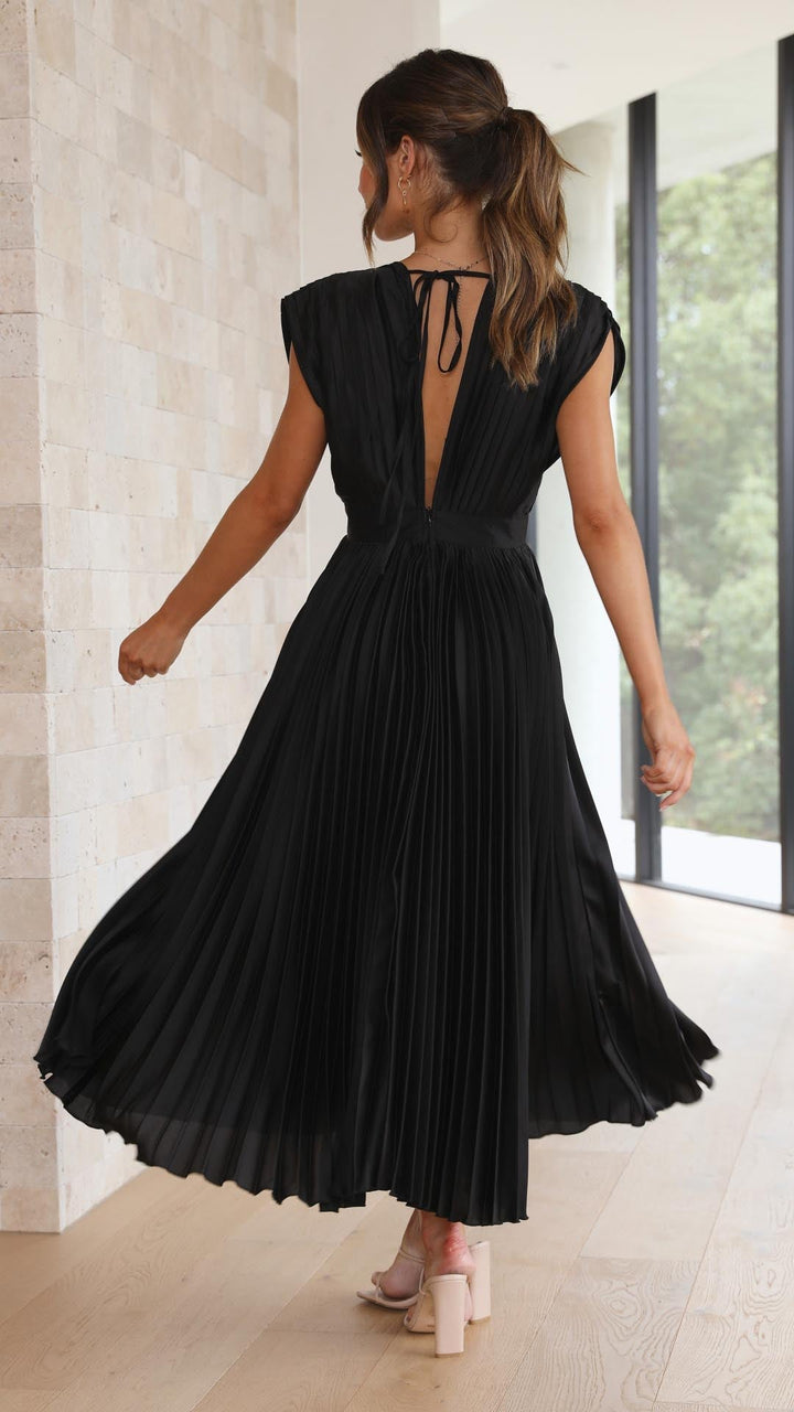 Kvinnors Plisserad Satin Midi Klänning med Draperad V-Hals