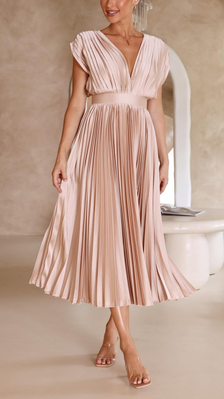 Kvinnors Plisserad Satin Midi Klänning med Draperad V-Hals