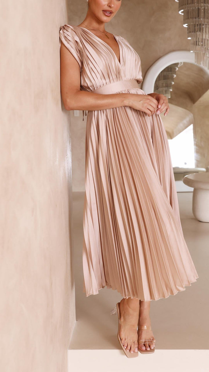 Kvinnors Plisserad Satin Midi Klänning med Draperad V-Hals