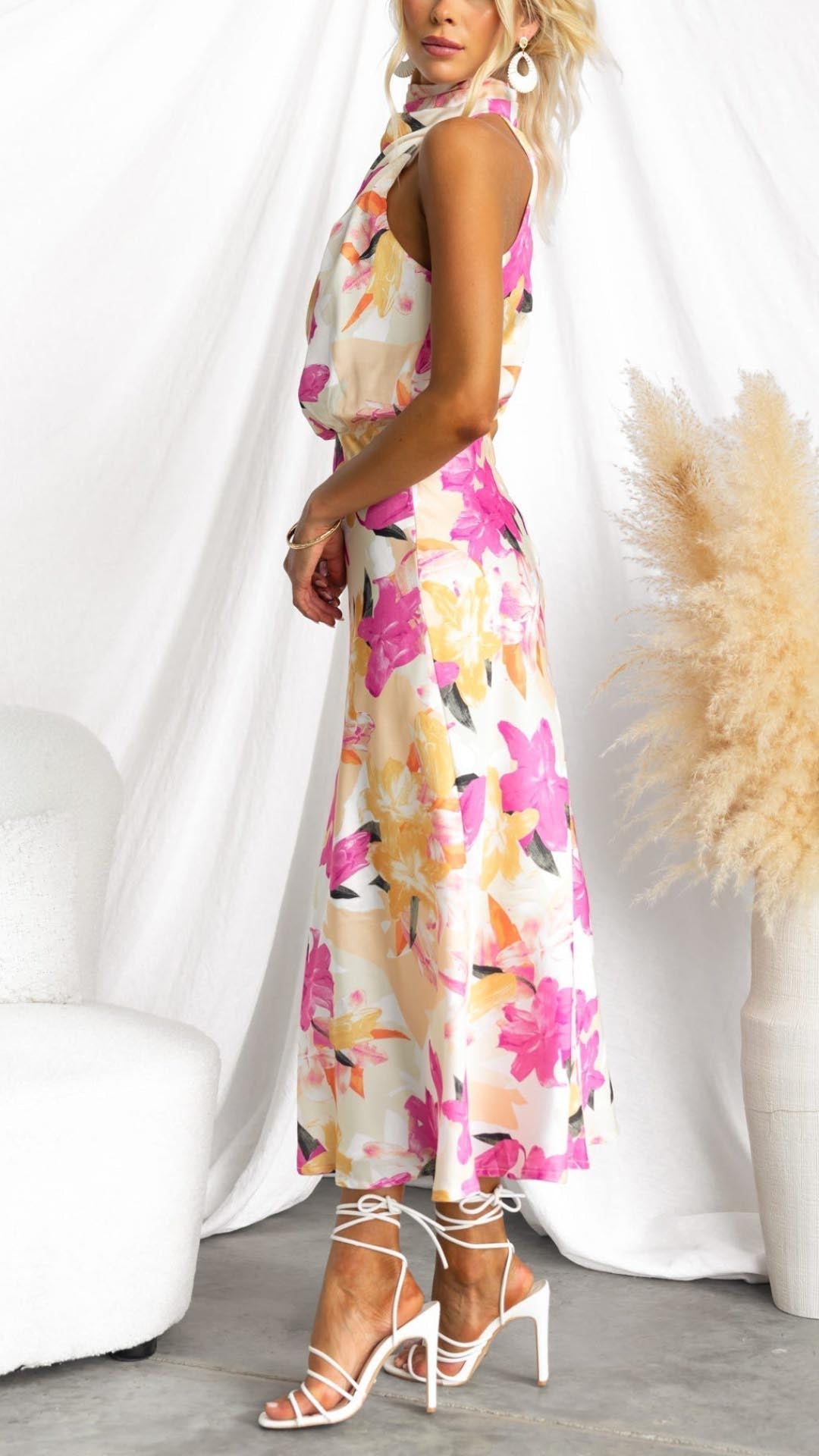 Kvinnors Blommig Halterneck Maxi Klänning – Elegant Bröllopsgäst Klänning för Sommarfirande