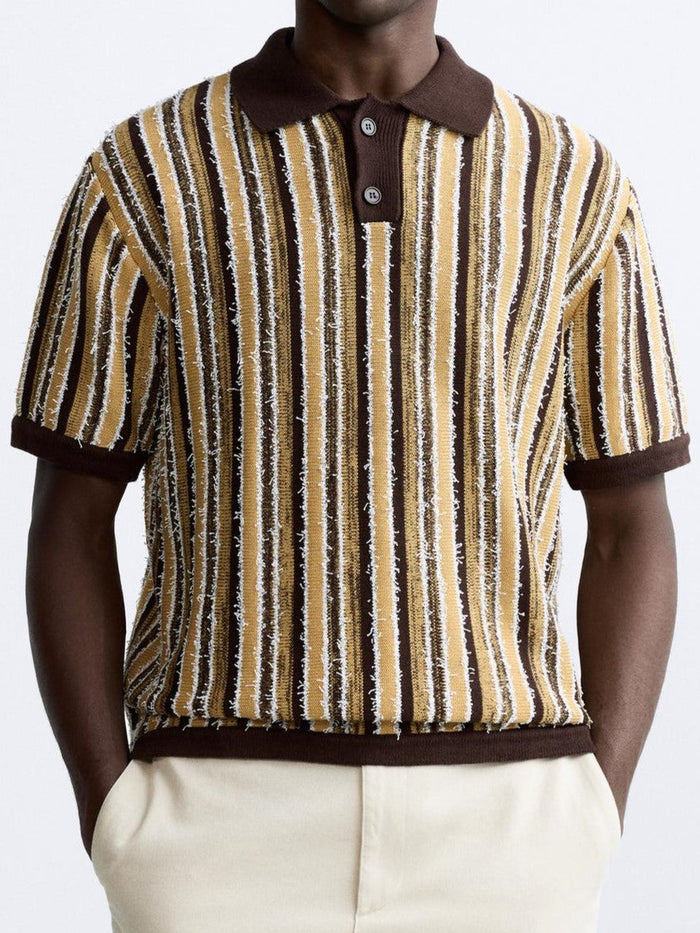 Herrarnas Retro Stickade Randiga Polo Casual Sommar Skjorta