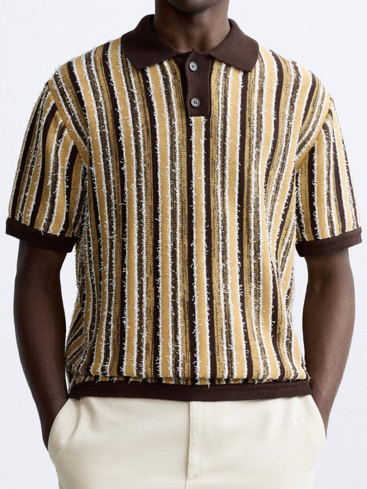 Herrarnas Retro Stickade Randiga Polo Casual Sommar Skjorta