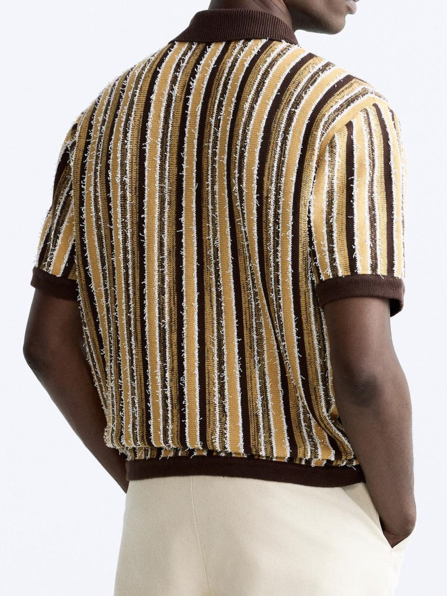 Herrarnas Retro Stickade Randiga Polo Casual Sommar Skjorta