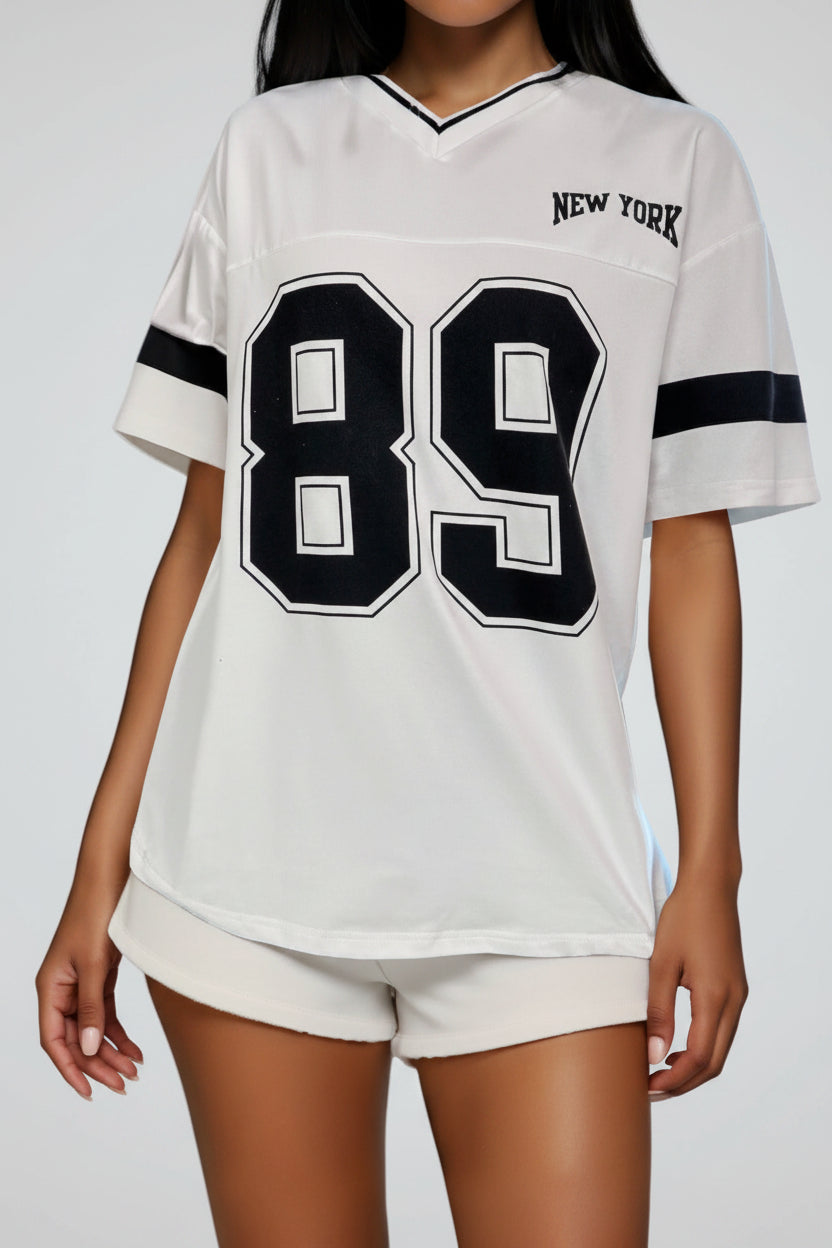Kvinnors Tryckt T-Shirt V-Hals Varsity Jersey Passform