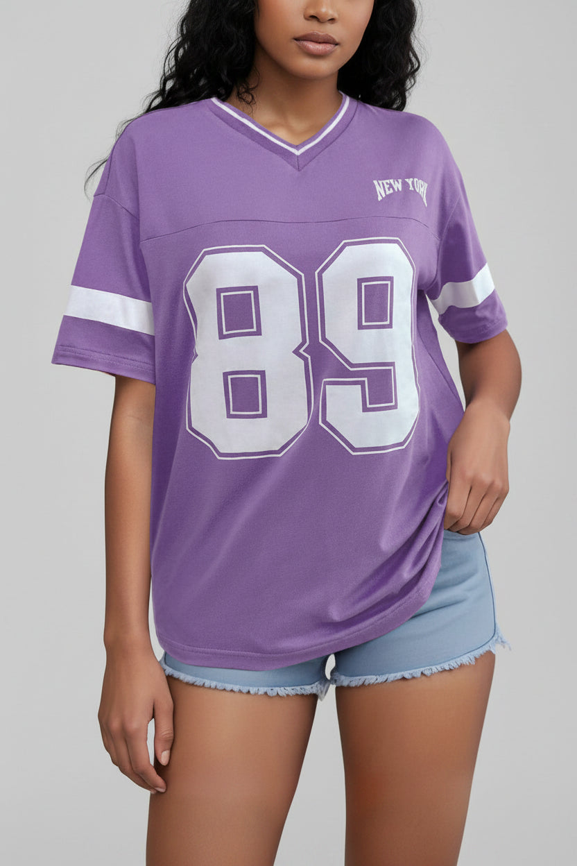 Kvinnors Tryckt T-Shirt V-Hals Varsity Jersey Passform