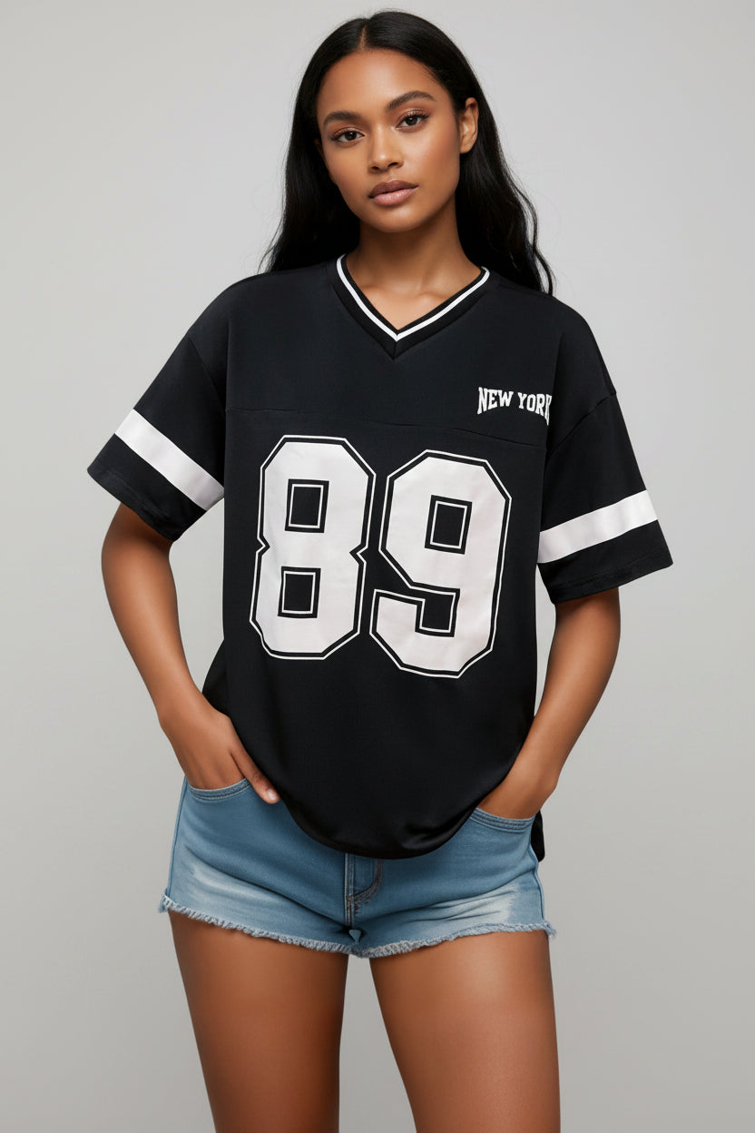 Kvinnors Tryckt T-Shirt V-Hals Varsity Jersey Passform