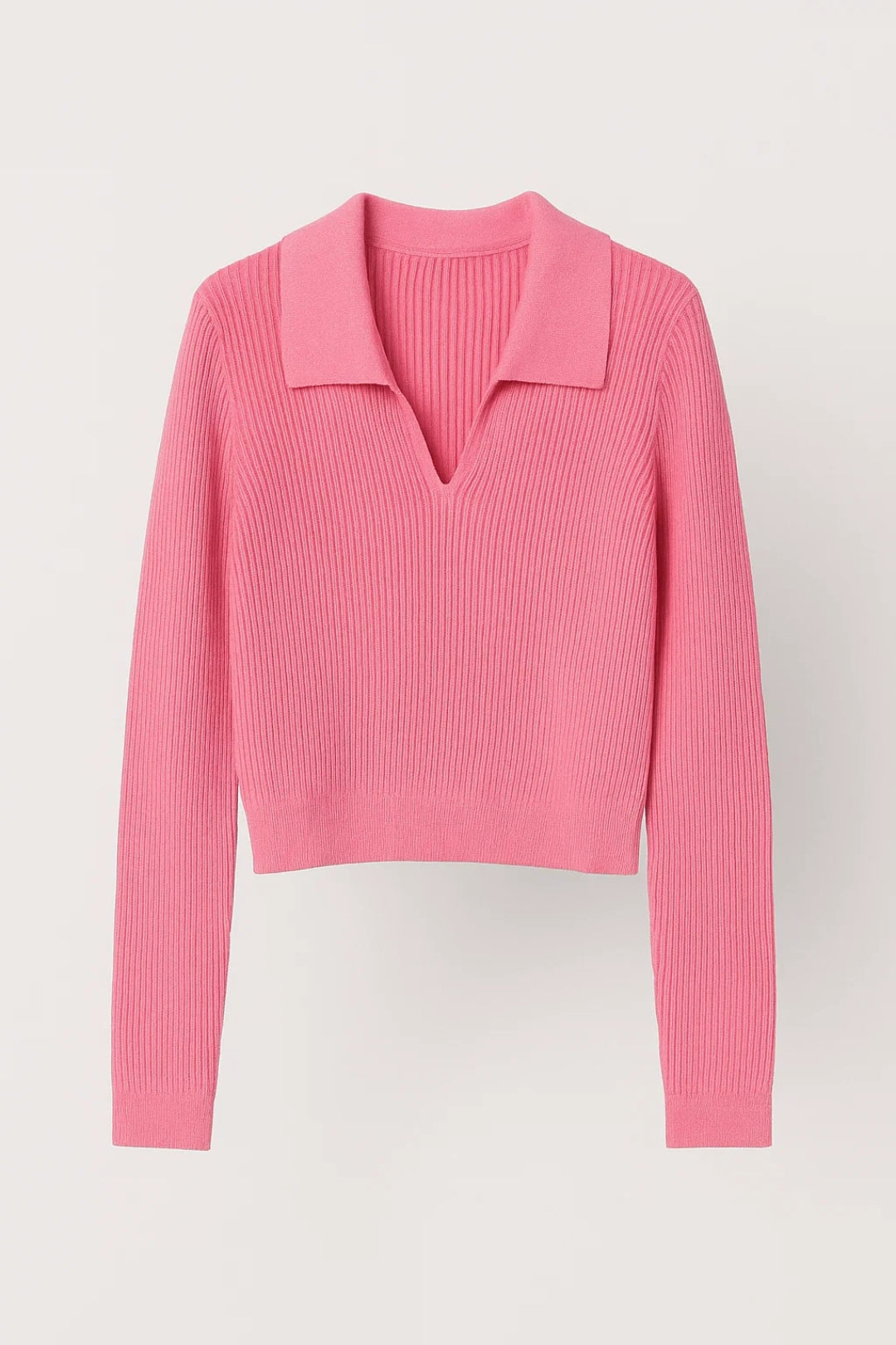 Kvinnors Ribbad Stickad Tröja med Krage V-Hals Cropped Fit