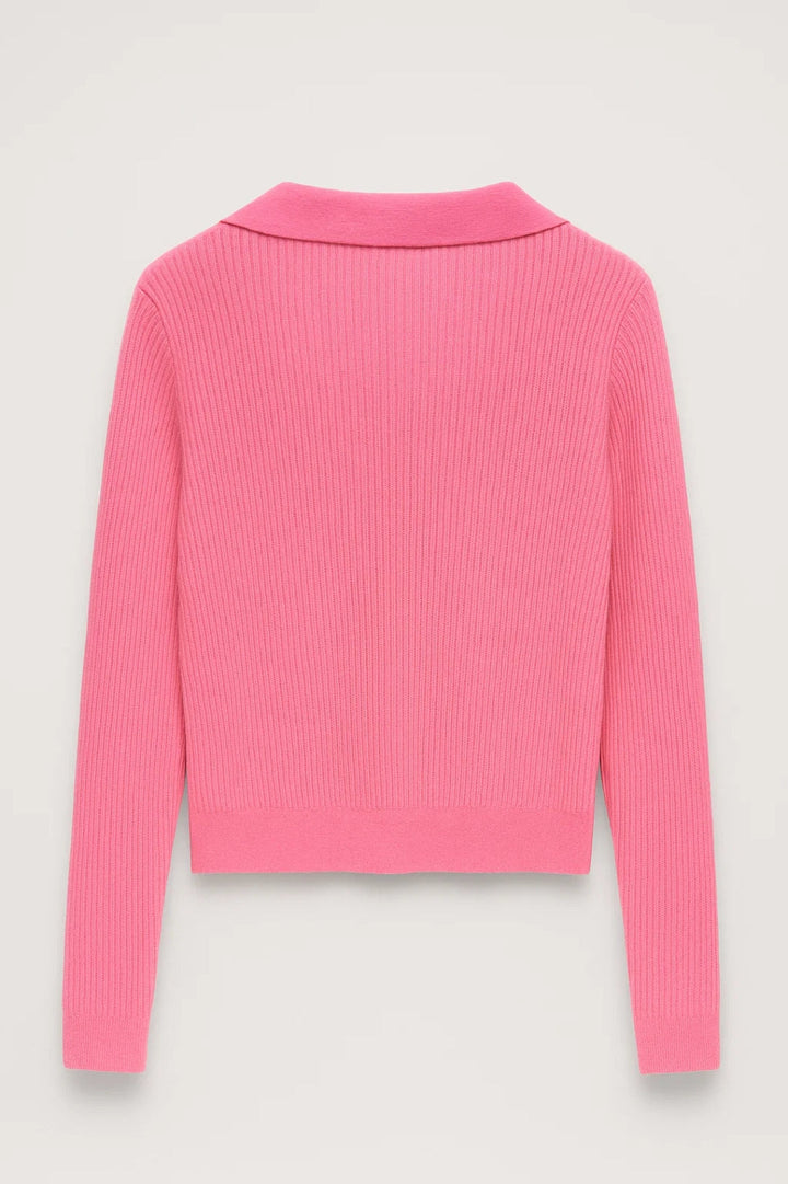 Kvinnors Ribbad Stickad Tröja med Krage V-Hals Cropped Fit