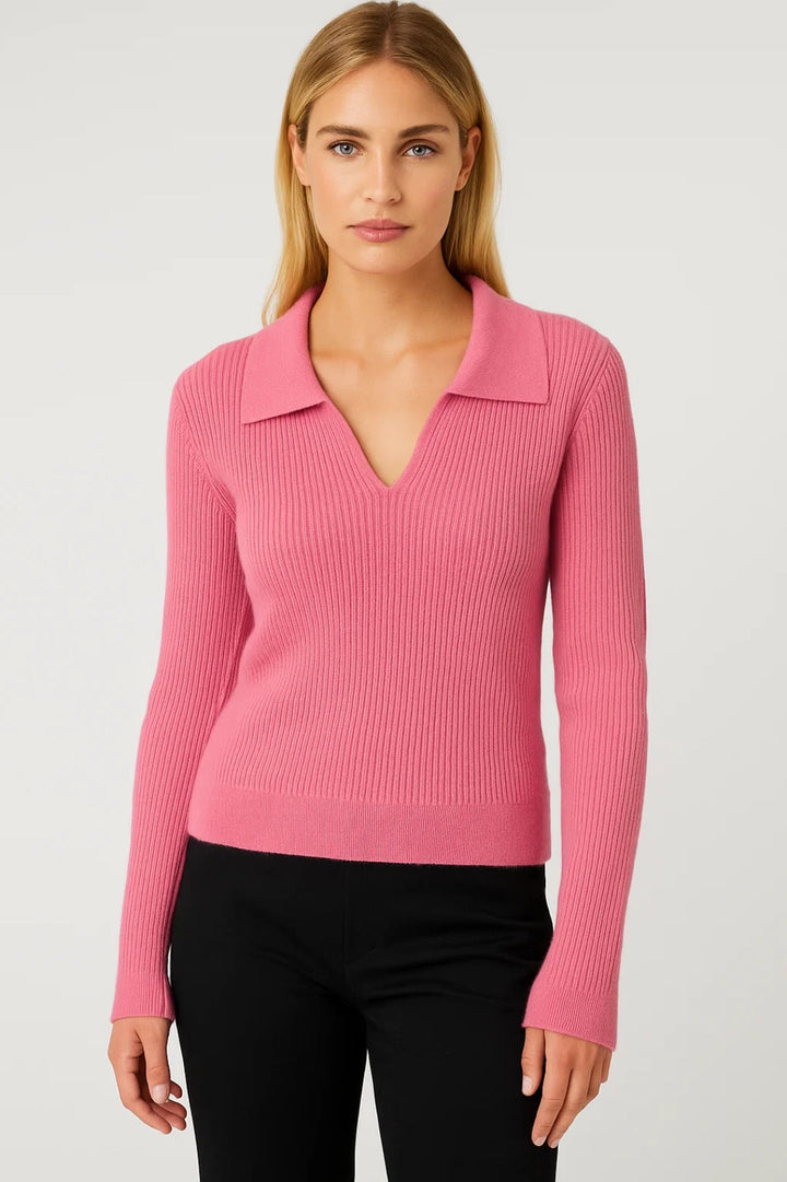 Kvinnors Ribbad Stickad Tröja med Krage V-Hals Cropped Fit