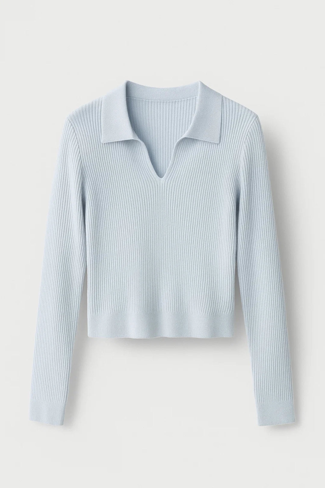 Kvinnors Ribbad Stickad Tröja med Krage V-Hals Cropped Fit