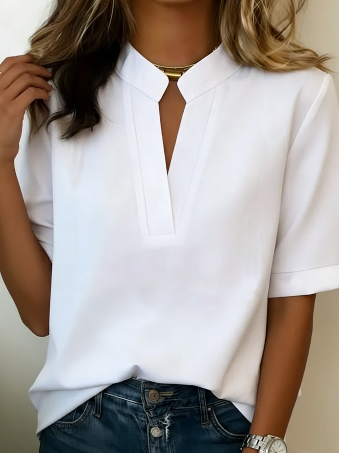 Kvinnors Delad Halskortärmad Topp – Avslappnad Smart Casual Blus för Vår och Sommar