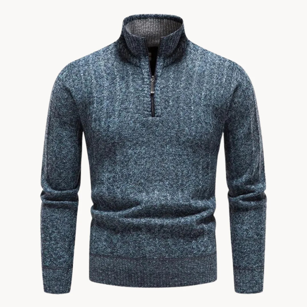 Herrarnas kvart zip-tröja med ståkrage, ribbad stickning, lång ärm, avslappnad och smart vardagströja