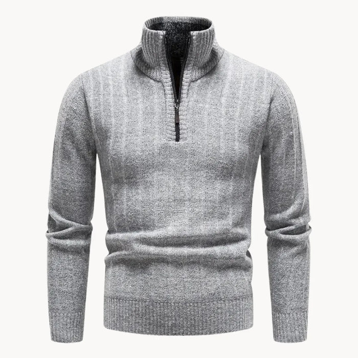 Herrarnas kvart zip-tröja med ståkrage, ribbad stickning, lång ärm, avslappnad och smart vardagströja