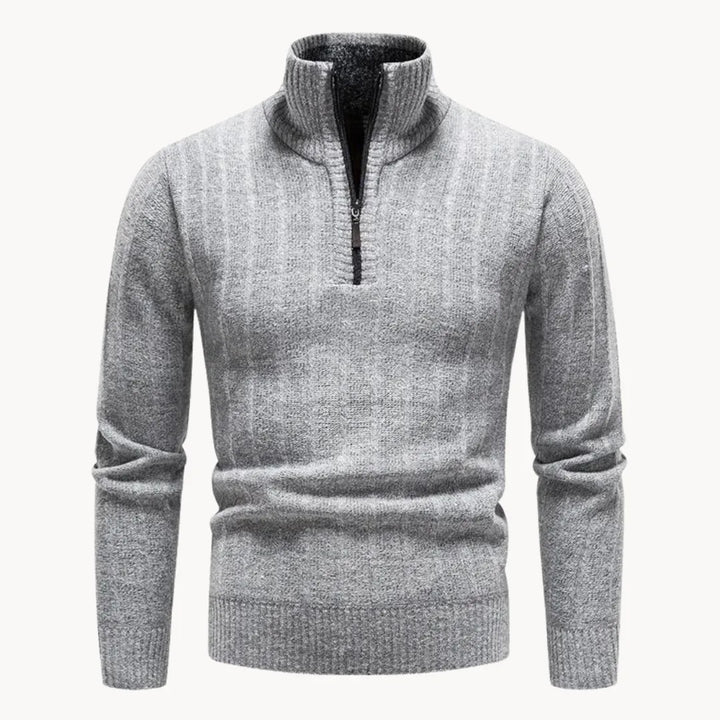 Herrarnas kvart zip-tröja med ståkrage, ribbad stickning, lång ärm, avslappnad och smart vardagströja