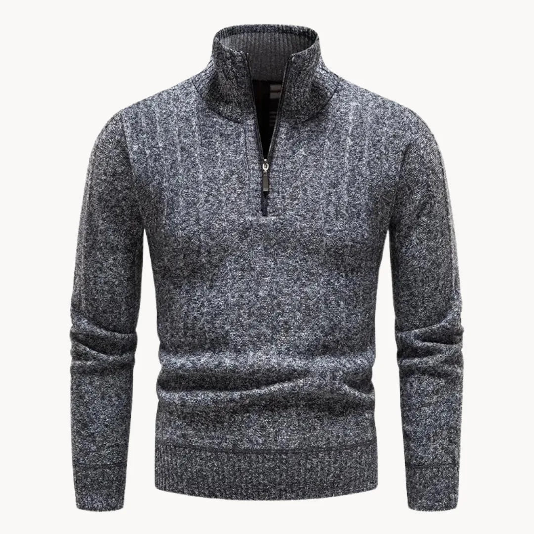 Herrarnas kvart zip-tröja med ståkrage, ribbad stickning, lång ärm, avslappnad och smart vardagströja