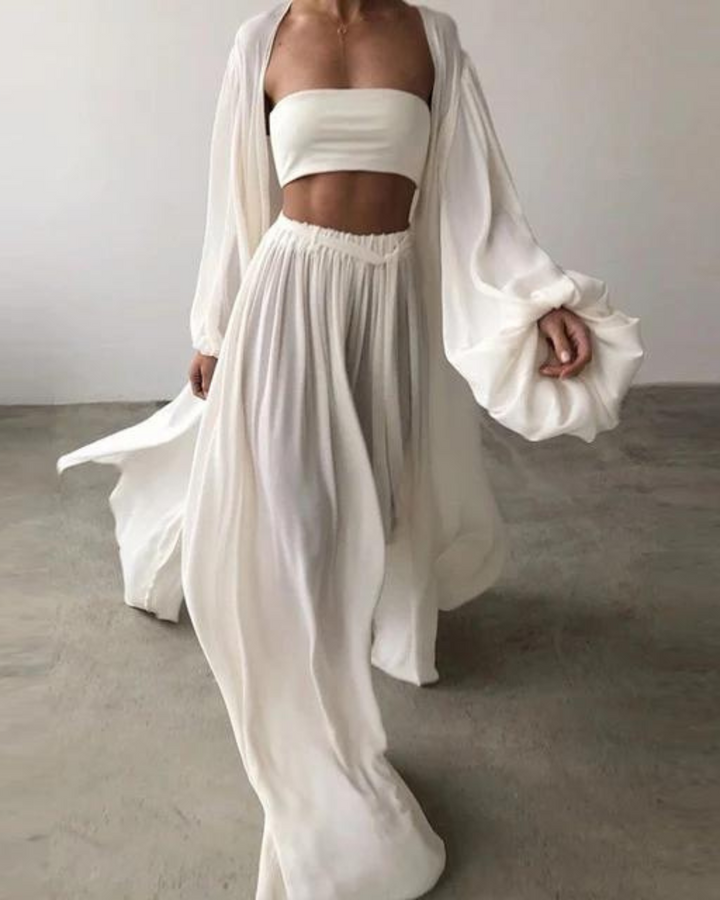 Kvinnors bomullstrio-set – Crop top, vida byxor och långärmad överdrag för sommarsemestern