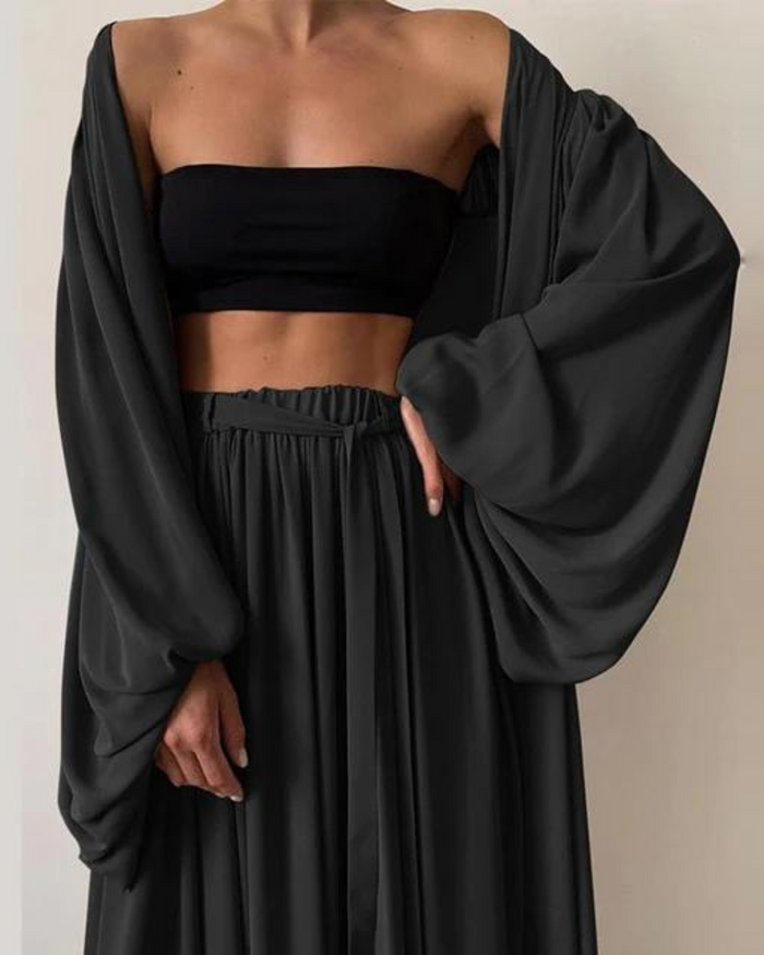 Kvinnors bomullstrio-set – Crop top, vida byxor och långärmad överdrag för sommarsemestern
