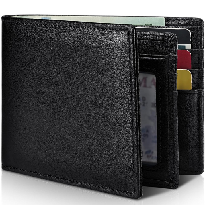 Herrars Slim RFID-blockerande plånbok – Äkta läder bifold med 13 kortfack och ID-fönster