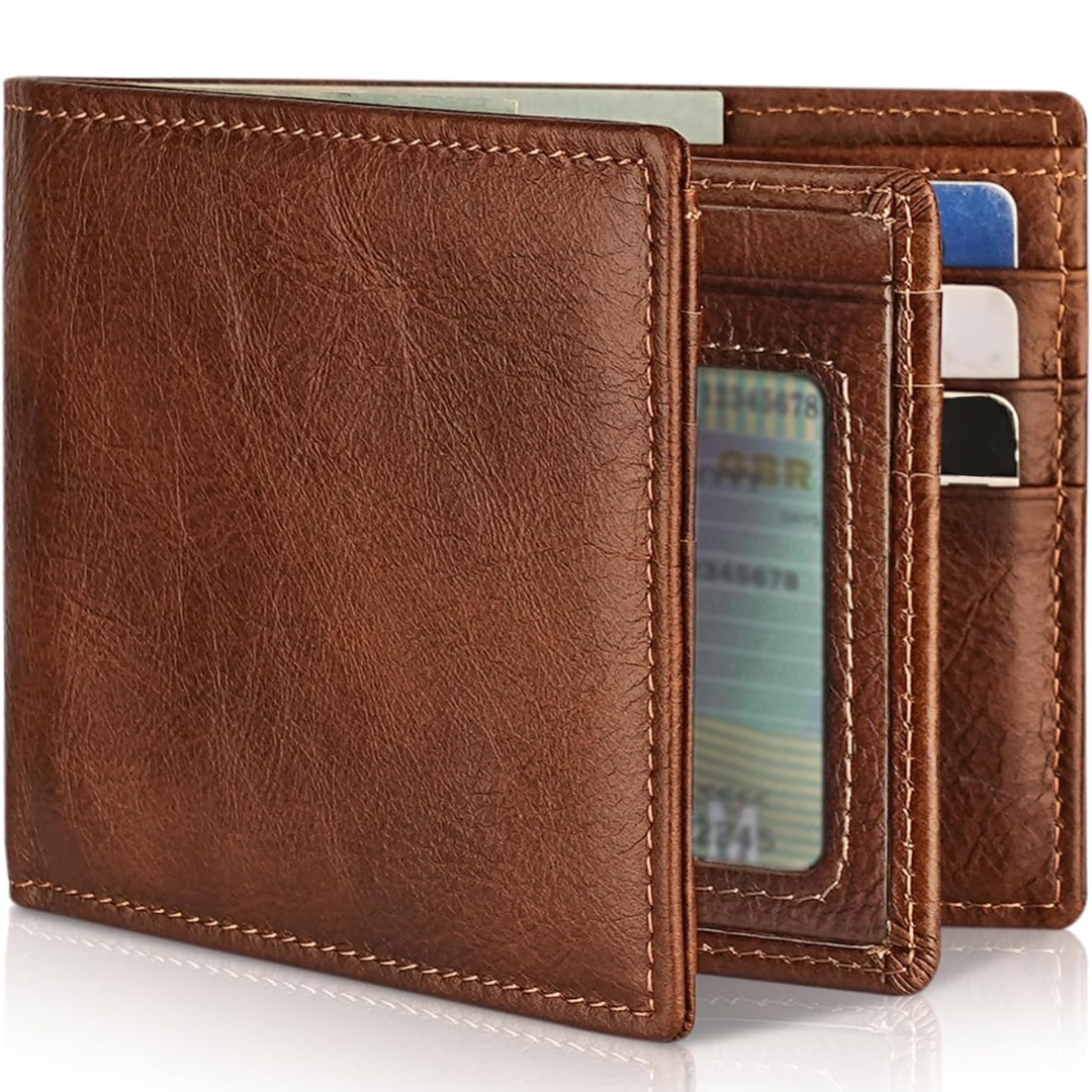 Herrars Slim RFID-blockerande plånbok – Äkta läder bifold med 13 kortfack och ID-fönster