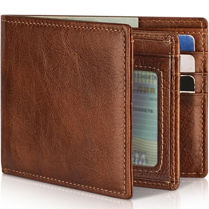 Herrars Slim RFID-blockerande plånbok – Äkta läder bifold med 13 kortfack och ID-fönster