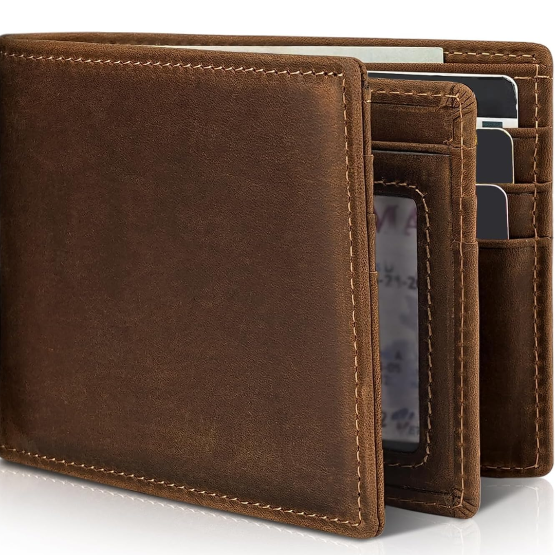 Herrars Slim RFID-blockerande plånbok – Äkta läder bifold med 13 kortfack och ID-fönster