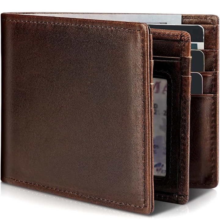 Herrars Slim RFID-blockerande plånbok – Äkta läder bifold med 13 kortfack och ID-fönster