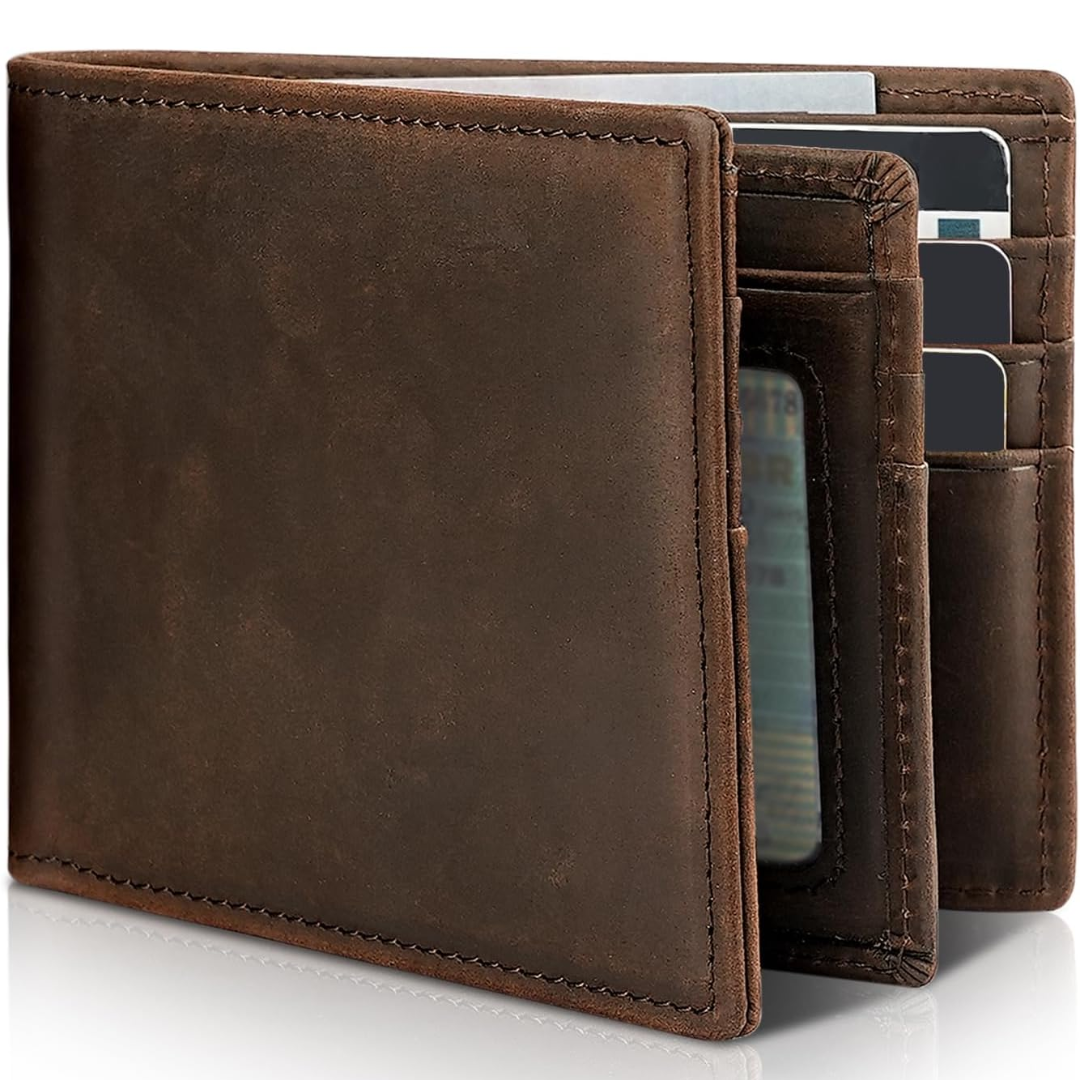 Herrars Slim RFID-blockerande plånbok – Äkta läder bifold med 13 kortfack och ID-fönster
