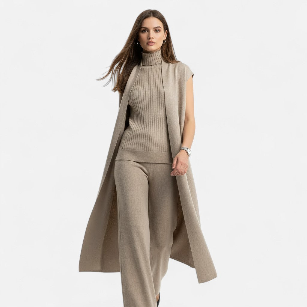 Valmonti | Kvinnors Stickad Tre-delad Väst-Kardigan-Byx Set