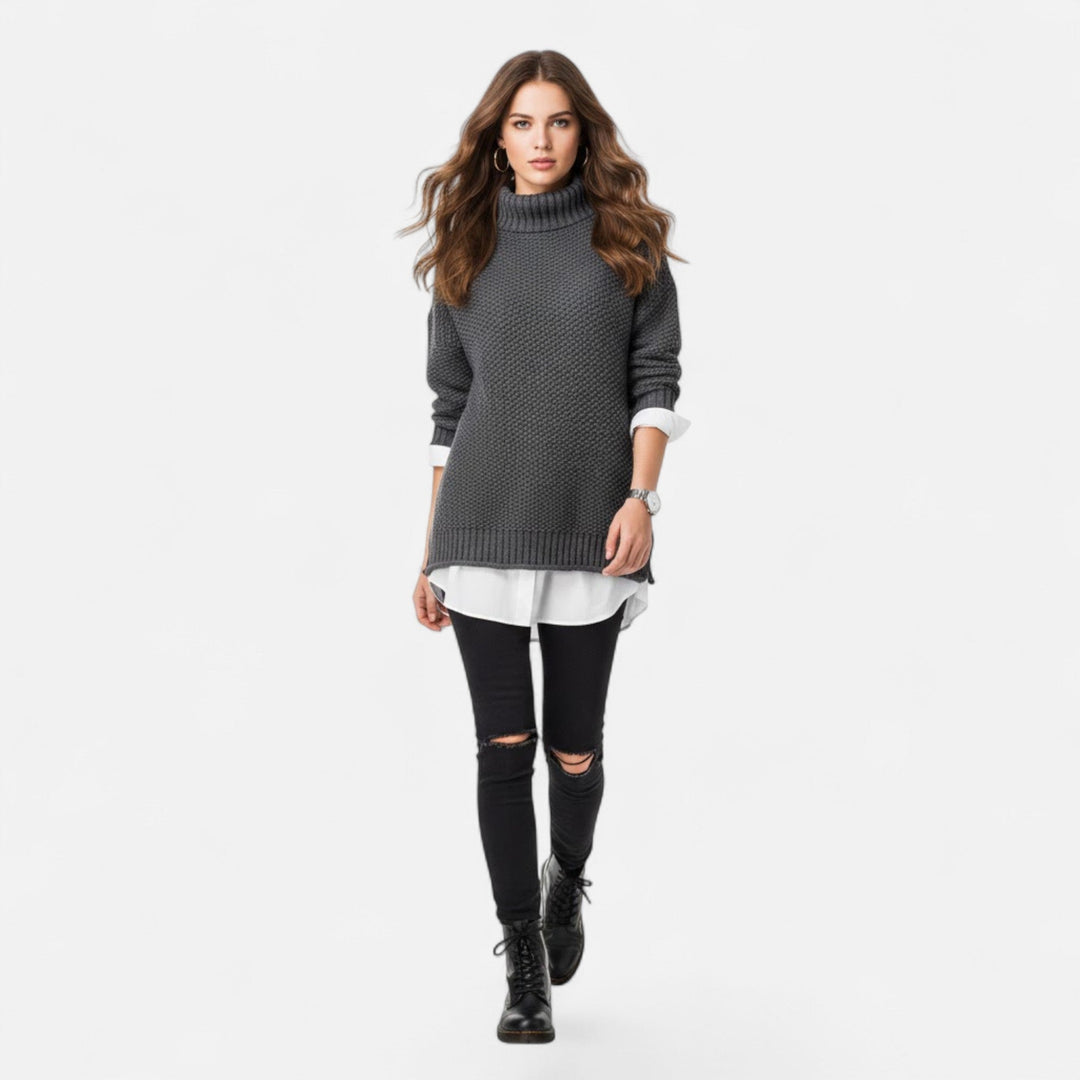 Valmonti | Dam Plus-Storlek Mock-Neck Tröja – Löst Stickad Tröja