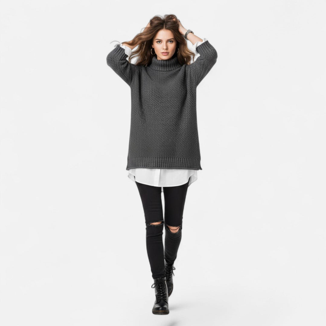 Valmonti | Dam Plus-Storlek Mock-Neck Tröja – Löst Stickad Tröja