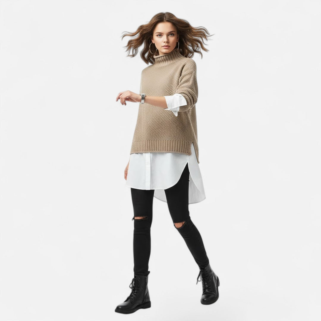 Valmonti | Dam Plus-Storlek Mock-Neck Tröja – Löst Stickad Tröja