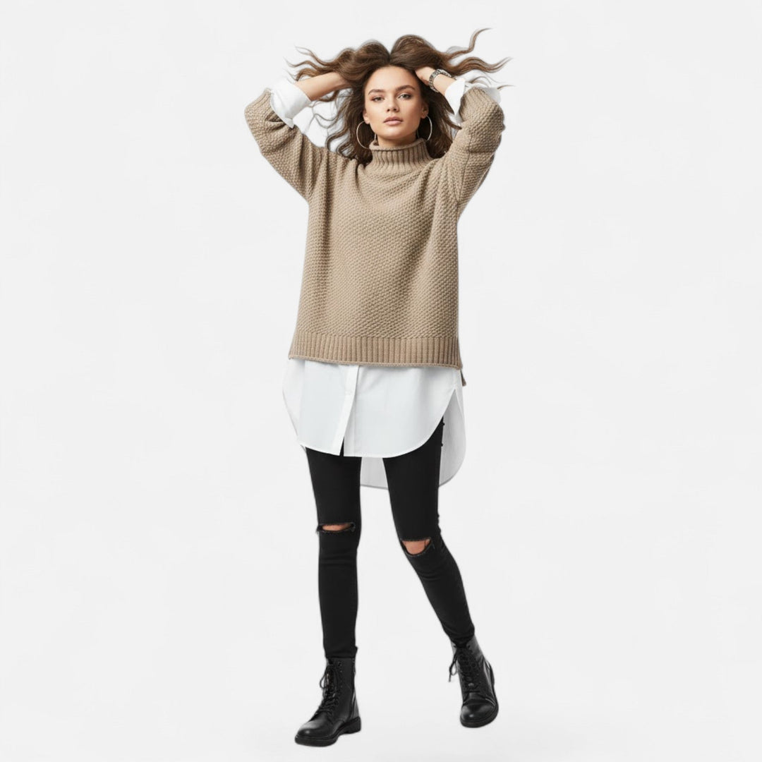 Valmonti | Dam Plus-Storlek Mock-Neck Tröja – Löst Stickad Tröja