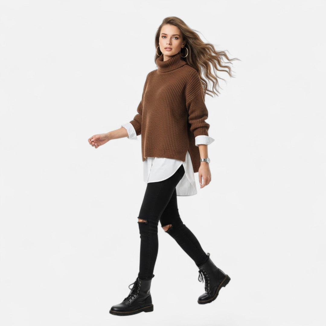 Valmonti | Dam Plus-Storlek Mock-Neck Tröja – Löst Stickad Tröja