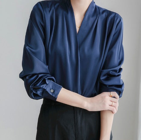 Kvinnors Sidenwrap Blus Med Draperade Långa Ärmar